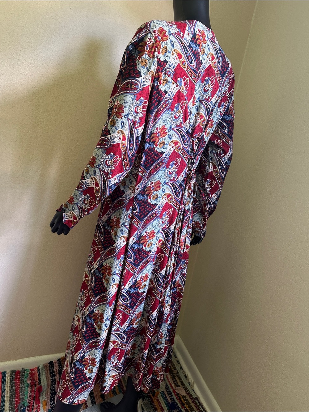 Vintage Erika Burgundy Paisley Button-Front Lace-Up Back Long Sleeve Maxi Dress - Picture 8 of 16